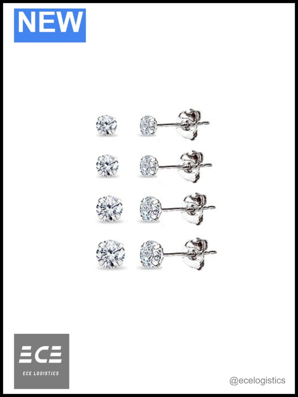 4 Pair 14K Gold Cubic Zirconia Round Stud Earrings Set